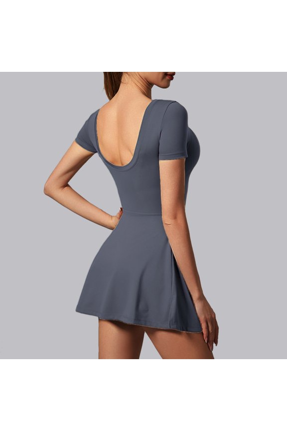 Women High Neck Tennis Dress Short Sleeve Round Neck Wrapping Skirt BuiltIn Shorts Solid Color Tunics Summer Dress Comfortable and Breathable Casual Jumpsuits for Women