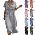 thumbnail image 1 of Summer Fashion Dresses for Womens 2026 Plus Size Cotton And Linen Solid Color Dress Short Sleeved V-neck Lace Trimmed Loose Casual Summer Beach Dress, 1 of 9