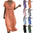 thumbnail image 1 of Summer Fashion Dresses for Womens 2026 Plus Size Cotton And Linen Solid Color Dress Short Sleeved V-neck Lace Trimmed Loose Casual Summer Beach Dress, 1 of 9