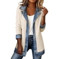 thumbnail image 1 of YWMJI Denim Patchwork Corduroy Cardigan for Women Collared Knit Sweater Blazer Soft Ribbed Knit Long Sleeve Button Down Denim Trim Blazer Lightweight Open Front Thigh Length Jackets Beige L, 1 of 9
