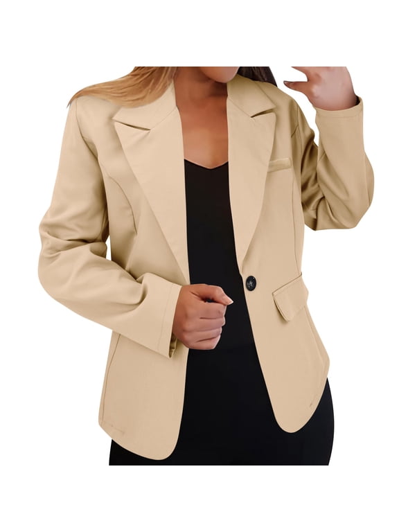 Fall Blazers for Women Business Casual Open Front Jackets Lightweight Plus Size Notched Lapel Pocket Long Sleeve Work Office Cardigan Suit Full Lining Stretchy Suit Jackets Beige M