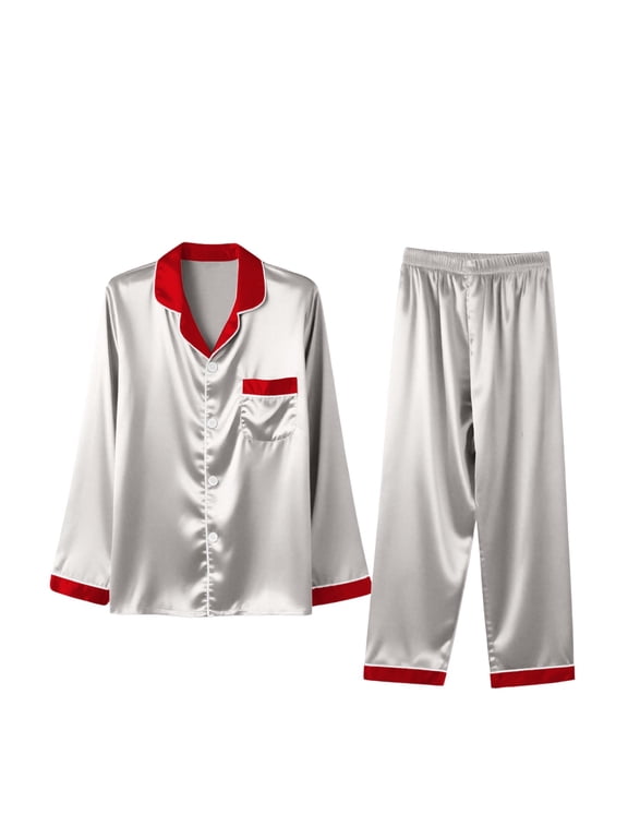 Family Satin Silk Pajamas Sets Notch Collar Long Sleeve Comfy Nightwear 2 Piece Sleepwear Button Down Loungewear PJ Set Satin Christmas Xmas Matching Pajamas Sets Loungewear Silver 24M