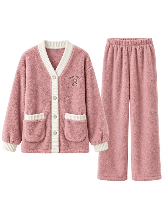 Women 2 Piece Fluffy Fuzzy Fleece Pajamas Sets Button Up V Neck Long Sleeve Sleepwear Plush Jackets Winter Warm Fuzzy Wide Leg Lounge Pj Sweatpants Fluffy Plush Pajamas Outfits Hot Pink M