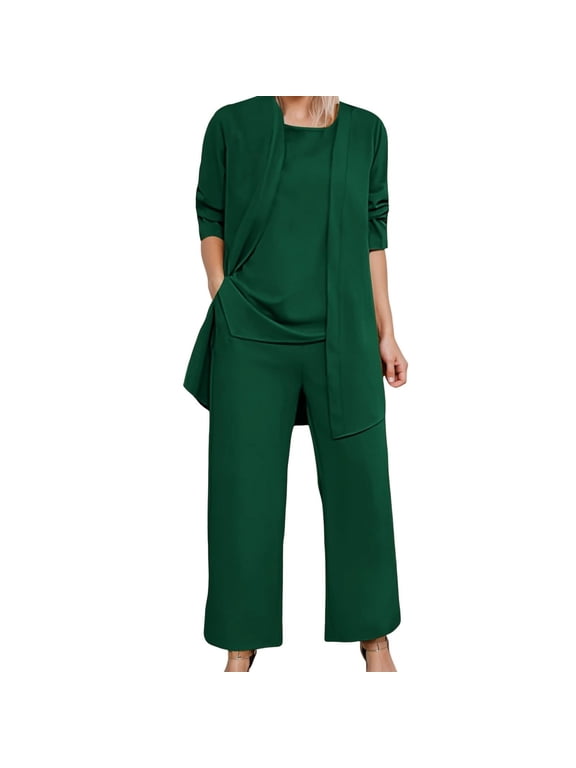 Women 3 Piece Dressy Pant Suits Loose Fit Sleeveless Tops Elastic Waist Wide Leg Palazzo Pants with Long Sleeve Gauze Jacket The Bride Pant Suits Wedding formal Outfits Blackish Green L