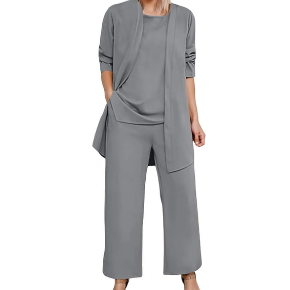 YWMJI Women 3 Piece Dressy Pant Suits Loose Fit Sleeveless Tops Elastic Waist Wide Leg Palazzo Pants with Long Sleeve Gauze Jacket Mother Of The Bride Pant Suits Wedding formal Outfits Grey 4Xl