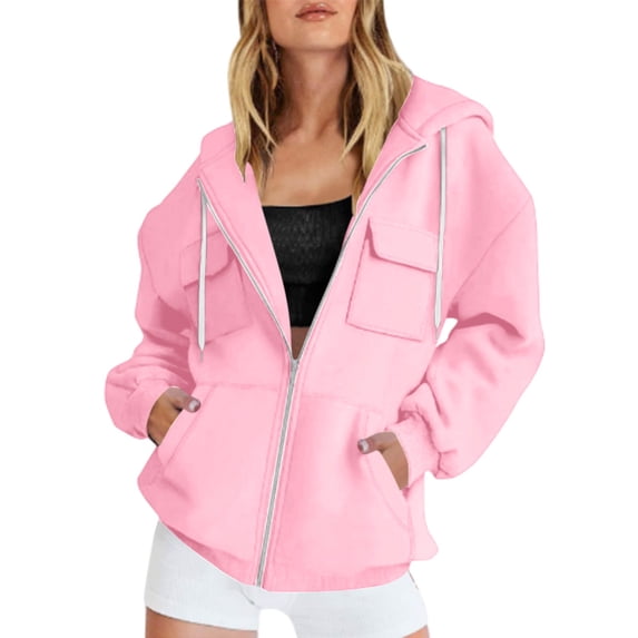 YWMJI Women Zip Up Hoodies Fleece Sweatshirts Oversized Soft Cozy Warm Long Sleeve Layering Jacket with Pockets Drop Shoulder Casual Coats Casual Track Jackets Fashion Workout Outfits Pink L