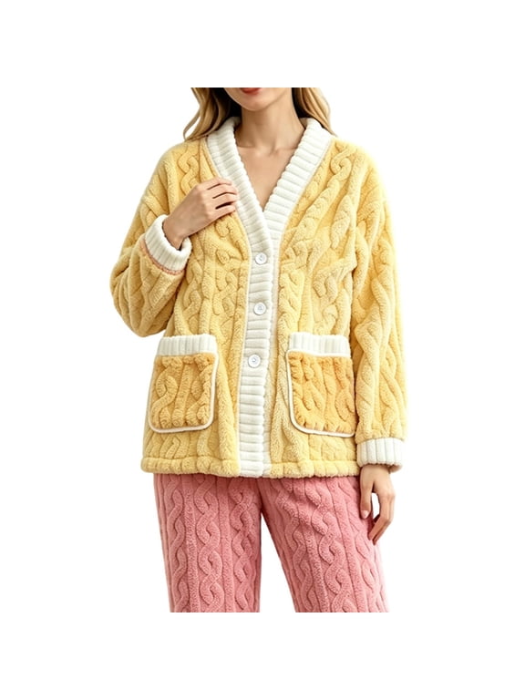 Women's Fleece Fuzzy Pajama Jackets Oversized Long Sleeve Button Up Fluffy Fuzzy Bed Jackets Soft Coral Fleece Longewear House Coat with Pockets Warm Plush Sleepwear Fuzzy Coats Yellow3Xl