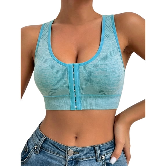 YWMJI Women's Sports Bra Front Closure No Underwire Bra Soft Wireless Push Up Bra Soft Seamless Supportive Sports Bra Front Closure Tank Bras Everyday Bras Yoga Running Gym Shape Brs Sky Blue M