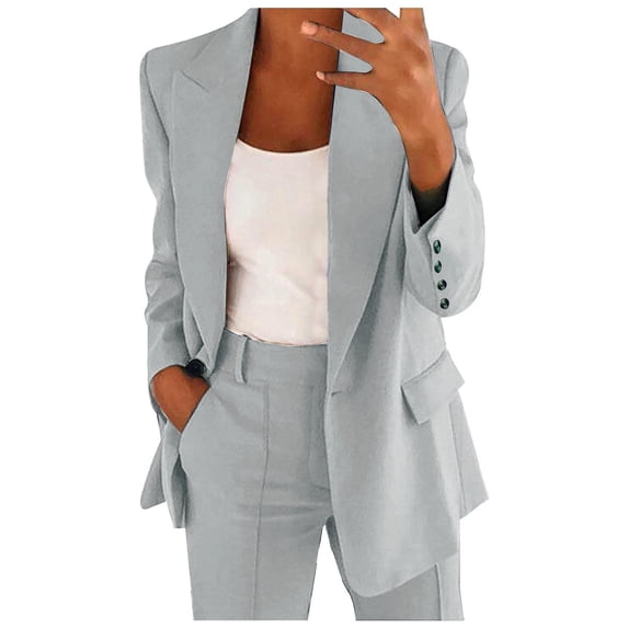 YWMJI Womens 2 Piece Suit Sets Plus Size formal Business Casual Button Front Blazer Jackets High Waist Wide Leg Pants with Pockets Fitted Dressy Office Work Outfits Fall Winter Clothing Grey Xl