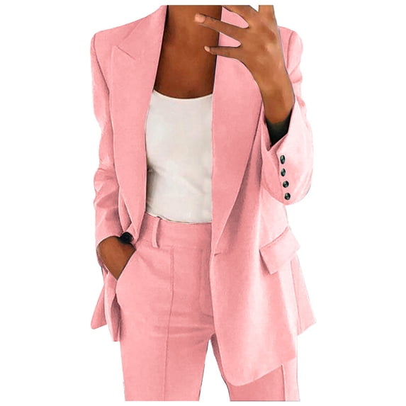 YWMJI Womens 2 Piece Suit Sets Plus Size formal Business Casual Button Front Blazer Jackets High Waist Wide Leg Pants with Pockets Fitted Dressy Office Work Outfits Fall Winter Clothing Pink S