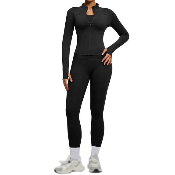 YWMJI Womens 2 Piece Workout Yoga Outfits Lightweight Slim Fit Zip Up Yoga Cropped Jacket High Waisted Yoga Flare Leggings No Front Seam Workout Pants Bodycon Gym Athletic Tracksuit Black L