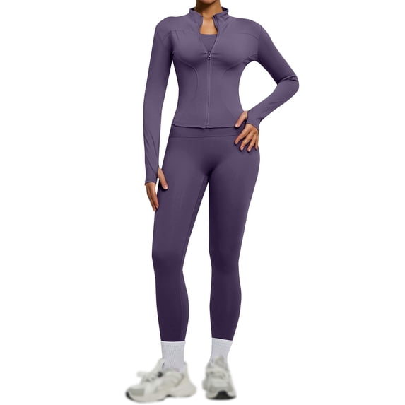 YWMJI Womens 2 Piece Workout Yoga Outfits Lightweight Slim Fit Zip Up Yoga Cropped Jacket High Waisted Yoga Flare Leggings No Front Seam Workout Pants Bodycon Gym Athletic Tracksuit Dark Purple Xl