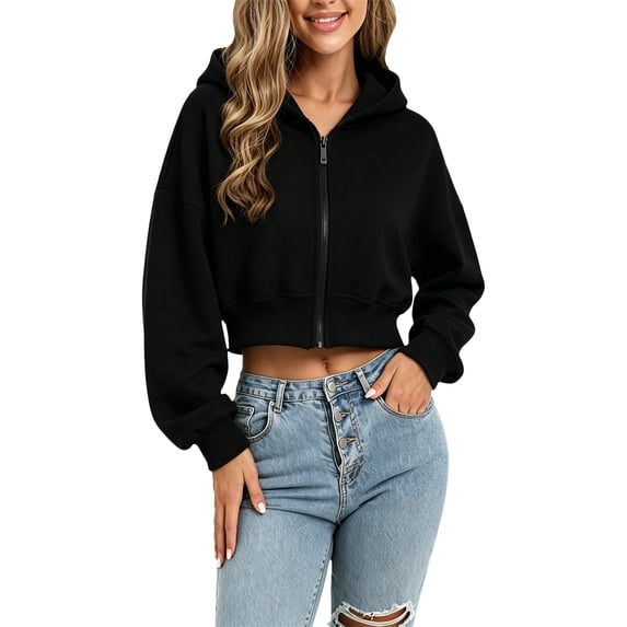 YWMJI Zip Up Cropped Hoodie Sweatshirts for Women Lightweight Fleece Jackets Long Sleeve Casual Fashion Layer Track Jackets Oversized Drop Shoulder Sweatshirts Comfy Workout Clothes Black L