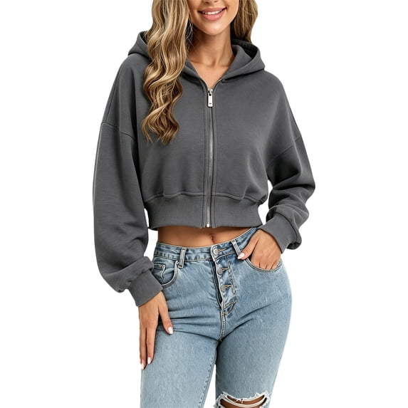 YWMJI Zip Up Cropped Hoodie Sweatshirts for Women Lightweight Fleece Jackets Long Sleeve Casual Fashion Layer Track Jackets Oversized Drop Shoulder Sweatshirts Comfy Workout Clothes Dark Gray Xxl