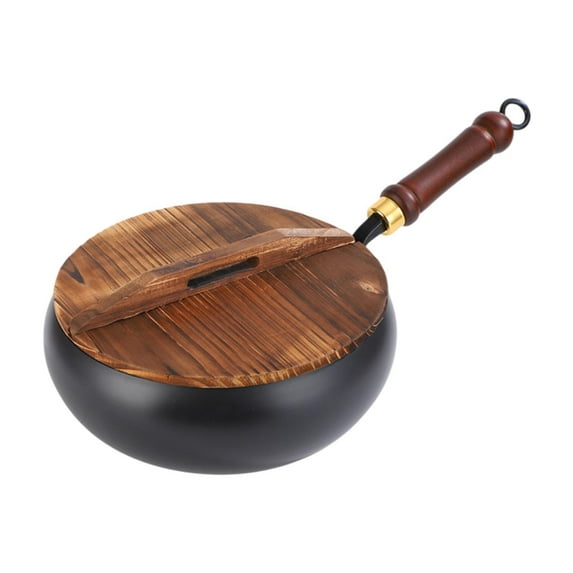 YWMJZEU Nonstick Wok Chinese Wok with Wooden Lid Cookware Iron Fry Pan for Hotel Kitchen Glossy