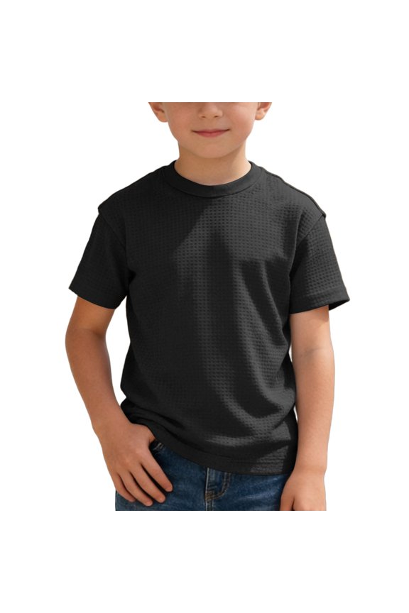 Boys Tshirts Summer Casual Short Sleeve Waffle Tee Comfortable Round Neck Breathable Kids Summer Tops Black 3-4 Years