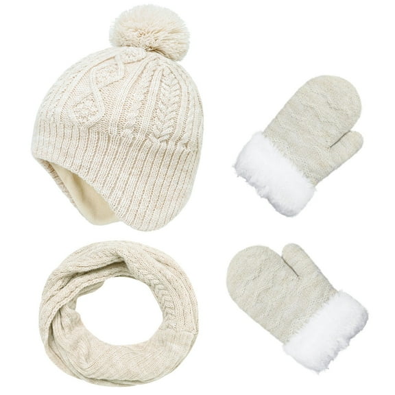 YWOAGH Chicminie 3 Pcs Set Children Hat Neck Warp Gloves Set Thickened Print Knitted Heat Retention Windproof Outdoor Warm Gear for Girls and Boys Beige 4-6 Years