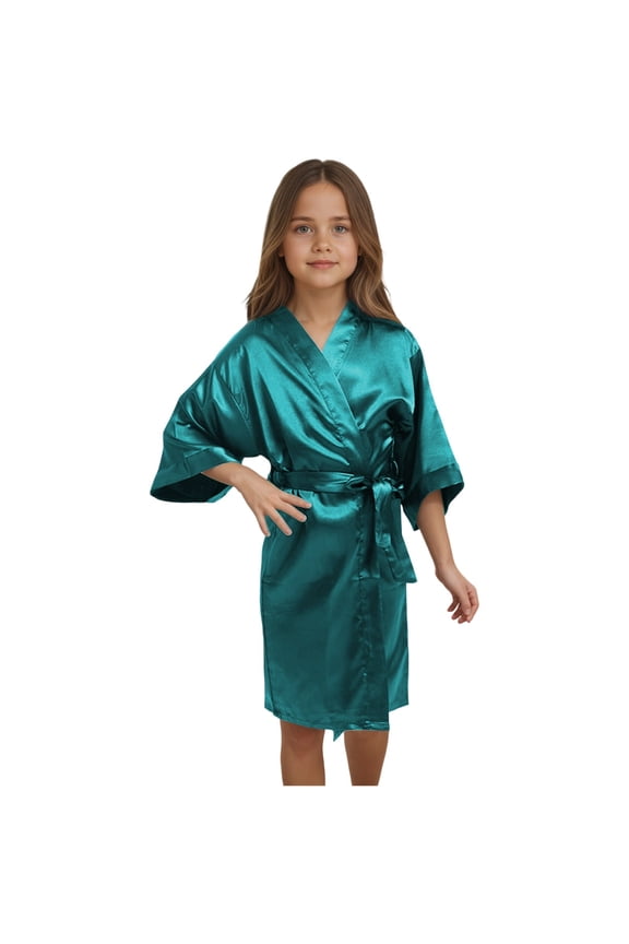 YWOAGH Girls Pajamas Like Satin Kimono Robe for Spa Wedding Birthday Party Child Childrens Pure Color Thin Bathrobe Homewear for Ages 5 to 14 Green 5-6 Years