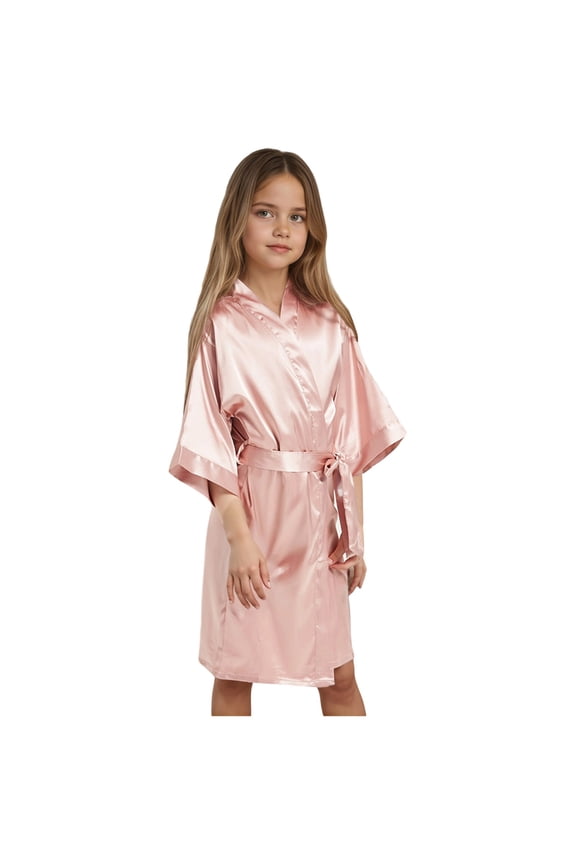 Girls Pajamas Like Satin Kimono Robe for Spa Wedding Birthday Party Child Childrens Pure Color Thin Bathrobe Homewear for Ages 5 to 14 Khaki 7-8 Years
