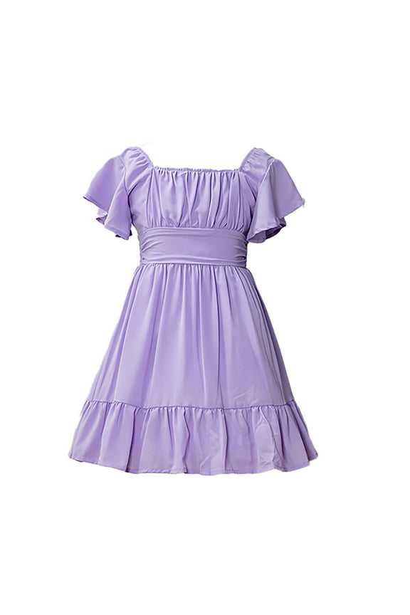 Girls Summer Tie Back Dress Tween Kids off Shoulder Dresses Girls Dresses with Bow Knot Decoration Purple XXL/160