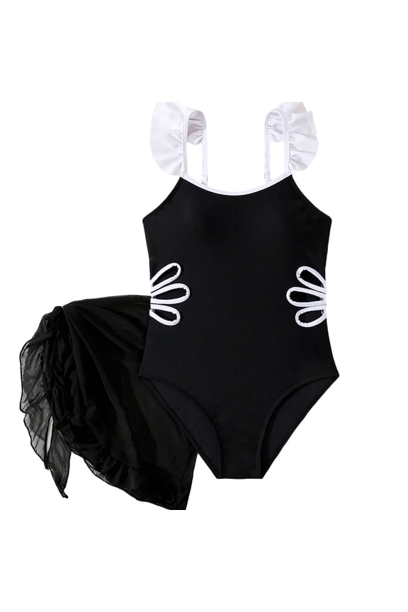 Girls Swimsuits Solid Color Bikini Monokini Bathing Suit with Adjustable Straps for Teen Girls Bikini Set Black 11-12 Years