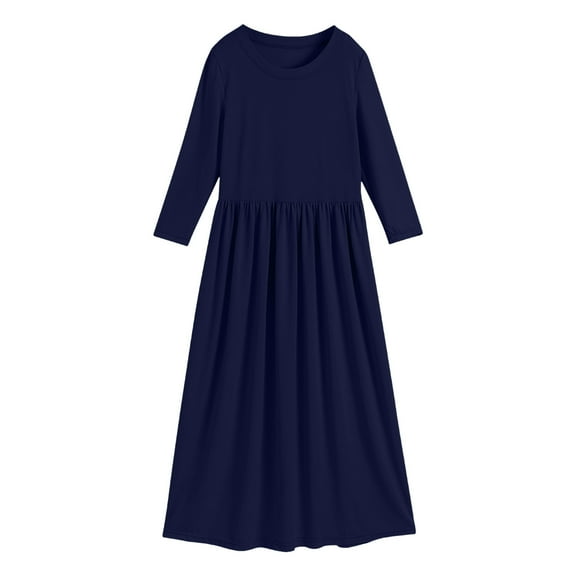 YWOAGH Toddler Girl Long Sleeve Neck Solid Loose Casual Daily Wear Long Maxi Dress Girls Dresses for Kids Navy 3-4 Years