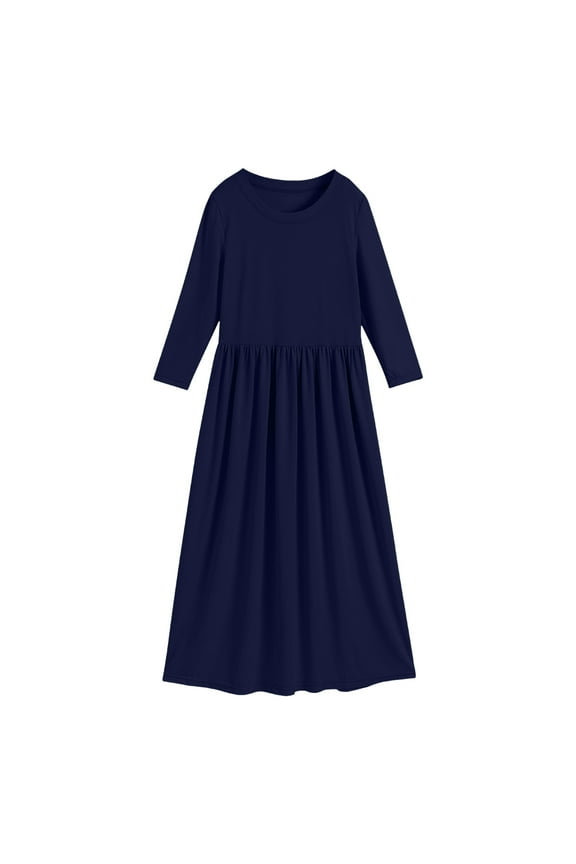 Toddler Girl Long Sleeve Neck Solid Loose Casual Daily Wear Long Maxi Dress Girls Dresses for Kids Navy 3-4 Years