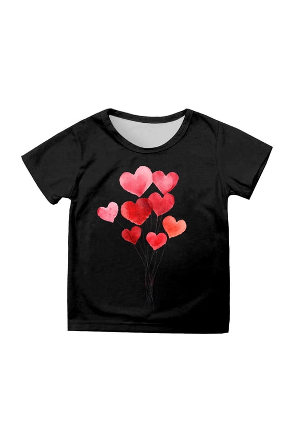 YWOAGH Valentines Day Children Short Sleeve Printed T Shirt Casual Top Fashion for Boys and Girls Celebration Black 4-5 Years