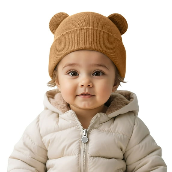YWOAGH Winter Knitted Hat For Kids With Adorable Bear Ears Soft Stretchy Warm Cap For Boys And Girls Coffee 0-3