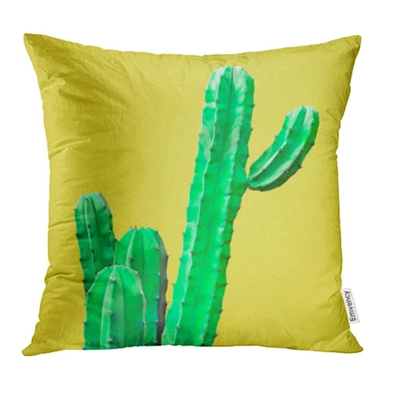 YWOTA Blue Bright Green Cactus Gallery Design Minimal Stillife on Yellow Colorful Creative Pillow Cases Cushion Cover 18x18 inch