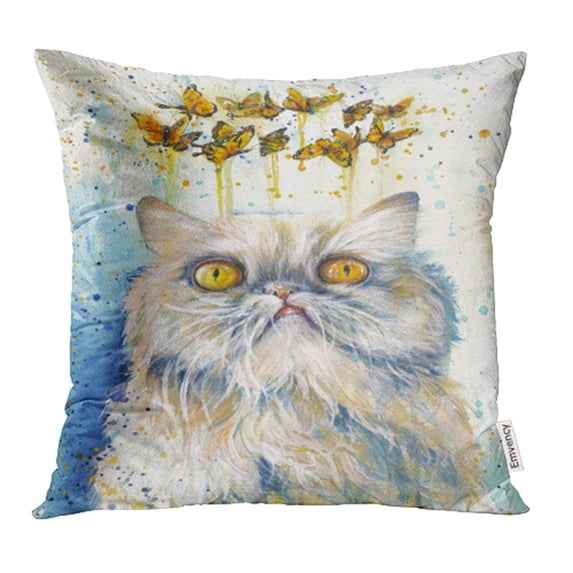 YWOTA Fantasy Colorful Watercolor Painting of Dreaming Persian Cat and Butterflies Pillow Cases Cushion Cover 16x16 inch