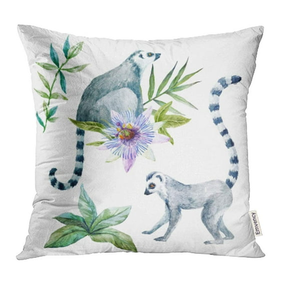 YWOTA Watercolor of Illustrations Lemurs Flowers Passionflowers and Palm Leaves Pillow Cases Cushion Cover 18x18 inch
