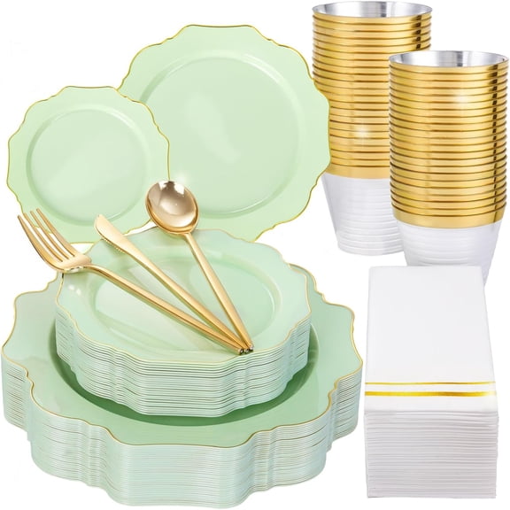 YX 175Pcs Sage Green Plastic Plates With Gold Rim - Disposable Sage Green Plates 25guest Disposable Dinnerware Ideal for Party/Wedding/Spring Party/First Communion