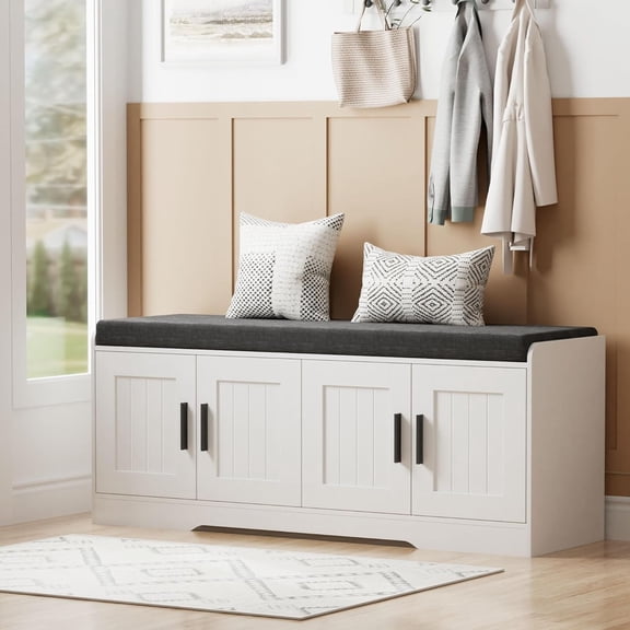 YX 2-Tier Storage Bench, Shoe Bench with Thickened Padded Seat Cushion, Entryway Bench with 4 Doors, Adjustable Shelf, 13.8" D x 45.3" W x 18.5" H, for Entryway, Living Room, Bedroom, White