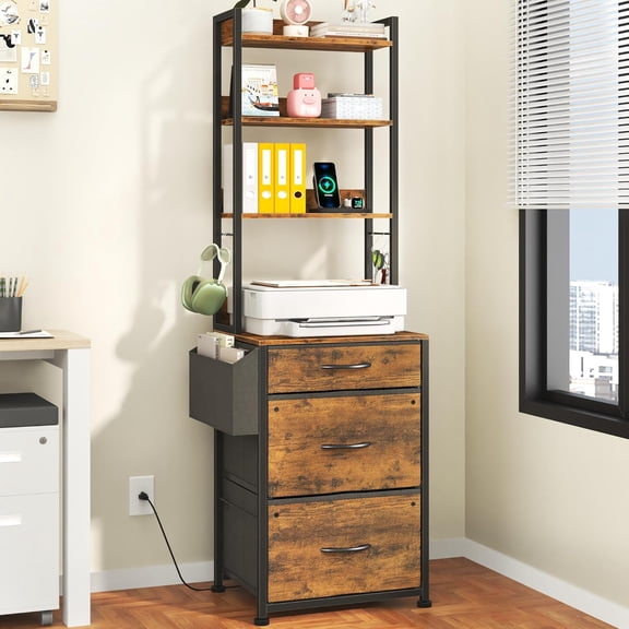 YX 3 Drawer Tall 69''H File Cabinet with Charging Station, 4-Tier Filing Cabinet with Adjustable Shelf, Fabric Drawer, Printer Stand for Home Office, Fits A4/Letter/Legal, Rustic Brown