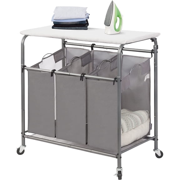 YX 3-Section Laundry Sorter with Foldable Ironing Board, Heavy-Duty Rolling Laundry Cart with and Removable Bags, Triple Laundry Hamper with Wheels, Dark Grey