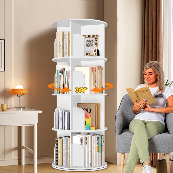 YX 4 Tier Rotating Bookshelf Tower, Spinning Bookshelf, Revolving 360 Bookcase Storage Round Carousel, Vertical Rotate Turning Spiral Corner Organizer Lazy Susan, White