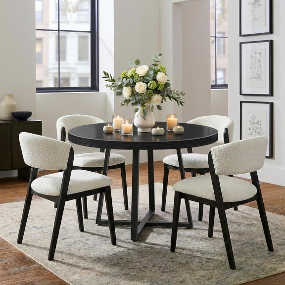 YX 42 Inch Round Dining Table for 4, Modern Black Wood Grain Kitchen Table with Cross Metal Legs, Circular Industrial Dinner Table for Small Spaces, Breakfast Nook, Apartment, Office