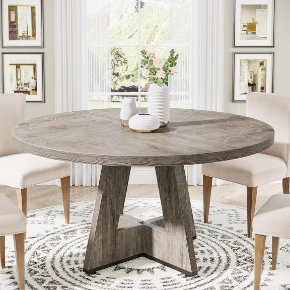 YX 47 inch Round Dining Table Wood Kitchen Table for Dining Room, 47" Dinner Room Tables for 4-6, Farmhouse Accent Furniture with Wooden Tabletop and Cross Base, Rustic Grey | for Dining Room