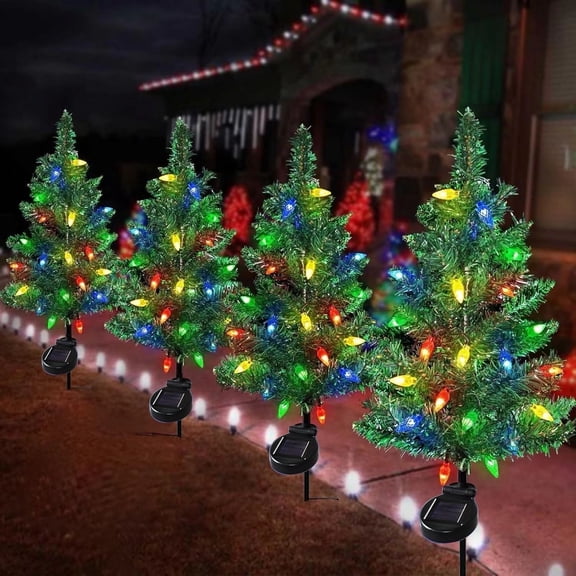 GrowAlong 4Pack Solar Christmas Tree with 80LED Lights Outdoor Solar Christmas Decorations Waterproof Solar Powered Prelit Christmas Tree for Holiday Pathway Garden Yard (Solar Christmas Tree-4PCS)