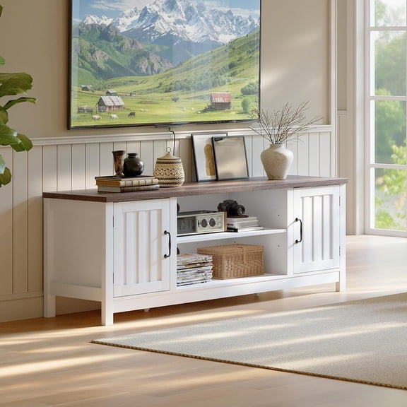 YX 54" Farmhouse TV Stand for TVs up to 65 inches, Entertainment Center with Storage Cabinets, Open Shelves and Fluted Door, TV Console Table for Living Room, Bedroom, White