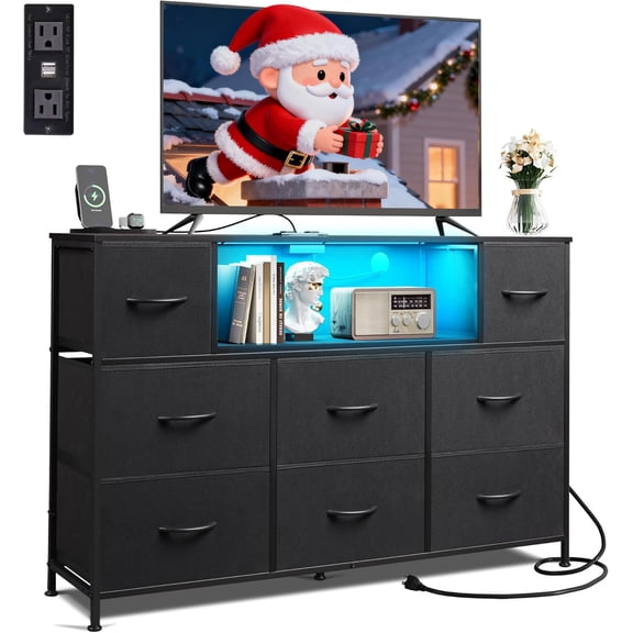 YX Black Dresser TV Stand for 45, 50, 55 inch TV, Entertainment Center with LED Lights & Charging Station, Chest of Drawers with 8 Fabric Drawers and Open Shelves for Living Room, Hallway,