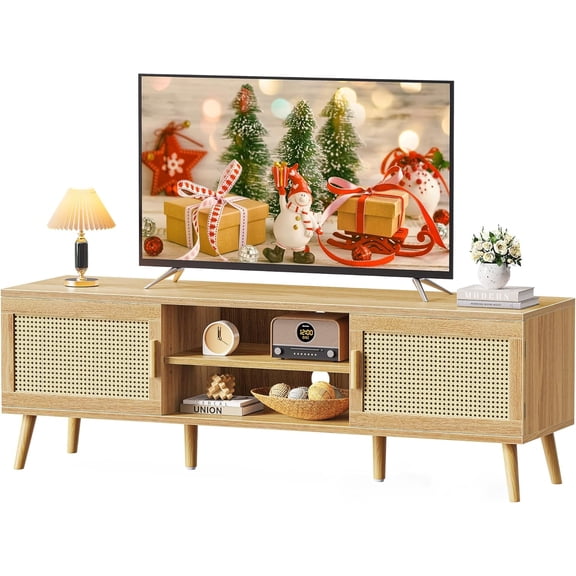YX Boho TV Stand for 65 Inch TV, Entertainment Center with Adjustable Shelf, Rattan TV Console with 2 Cabinets, Media Console, Solid Wood Feet, 4 Cord Holes, for Living Room - Natural