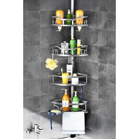 YX Corner Shower Caddy Tension Pole: Rustproof 4-Tier Bathroom Organizer Shelves for Bathtub Shampoo Storage - 47-121 Inch Quick Install Adjustable Rod Standing Rack with Soap Rack - Silver Gray