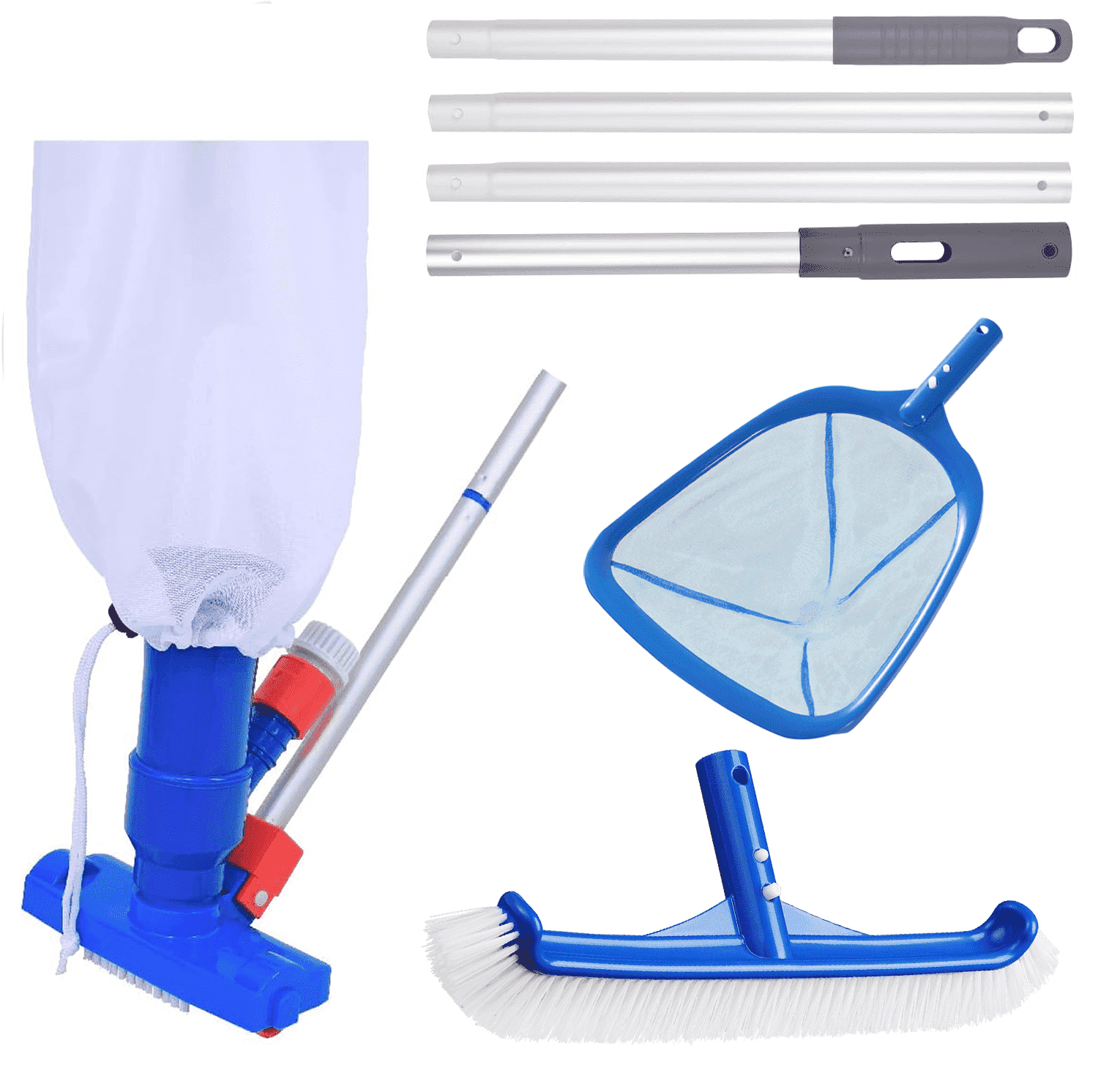 Gilysido Swimming Pool Cleaning Kit,Pool Brush and Skimmer Set with Pool Cleaning Brush and Skimmer Leaf Net and Aluminum Pole for Above Ground Pools(Blue,4 Pcs)