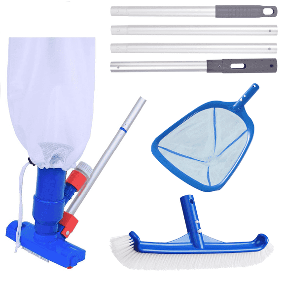 Gilysido Swimming Pool Cleaning Kit,Pool Brush and Skimmer Set with Pool Cleaning Brush and Skimmer Leaf Net and Aluminum Pole for Above Ground Pools(Blue,4 Pcs)