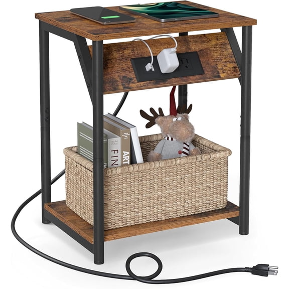 YX End Table with Charging Station, Small Side Table for Living Room, Bedroom, Nightstand with Outlets and USB Ports, Bedside Table with Storage Shelf, Rustic Brown and Black