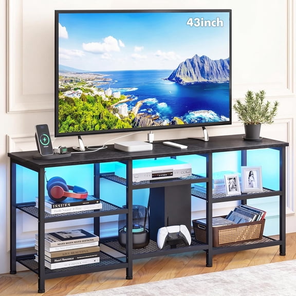 YX Entertainment Center for TVs Up to 55 Inch, Entertainment Stand with Power Outlet and LED Lights Open Storage Shelves, TV Console Table for Living Room and Bedroom, Black