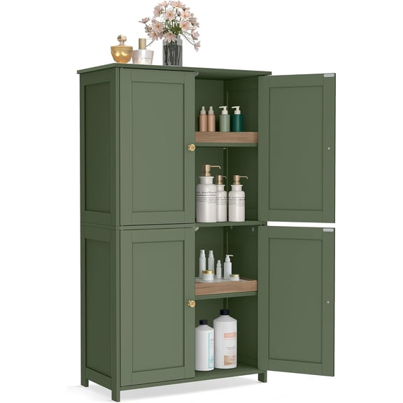YX Floor Storage Cabinet, Shaker Cabinet with 2 Adjustable Shelves, 4 Doors, Tall Freestanding Organizer Unit, for Kitchen Bathroom Living Room, Forest Green UBBC553CH01S