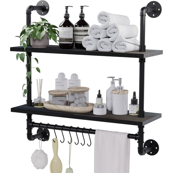 YX Industrial Pipe Bathroom Shelves Shelving,24" Black Floating Shelves for Bathroom with Towel Bar Hooks,Kitchen Wall Mounted Shelves Coffee Bar Shelf for Living Room Bedroom